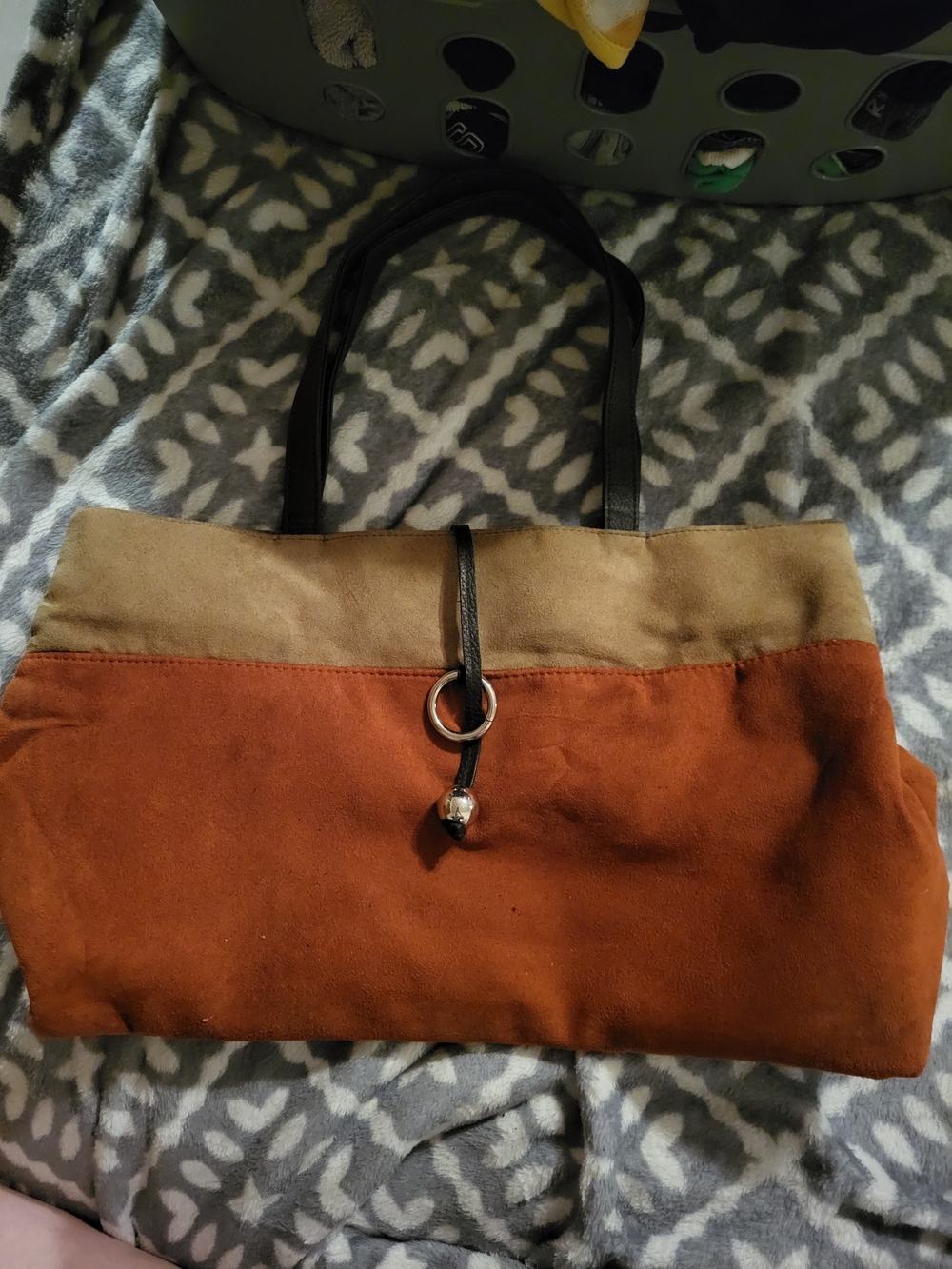 Estee Lauder Two-Tone Suede Shoulder Tote in Rust and Tan with Black Handles